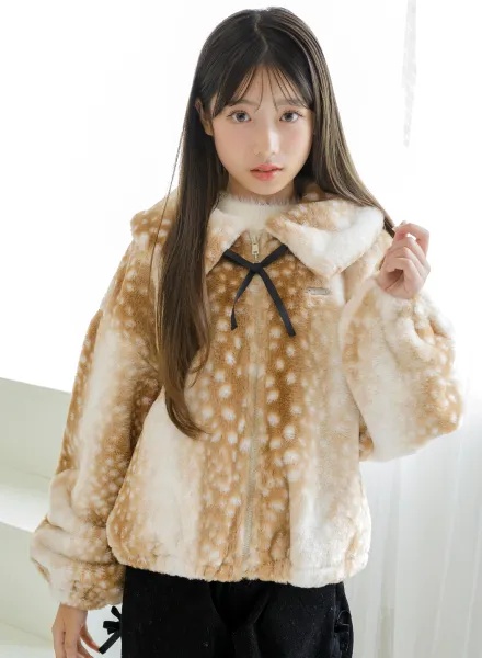 りぼんチャーム付きエコファーアウター　ベージュ