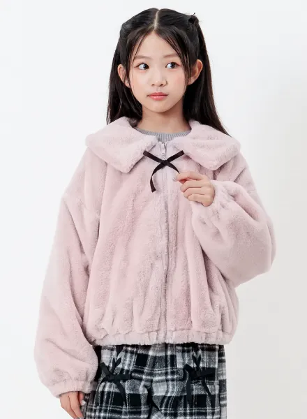 りぼんチャーム付きエコファーアウター　ピンク