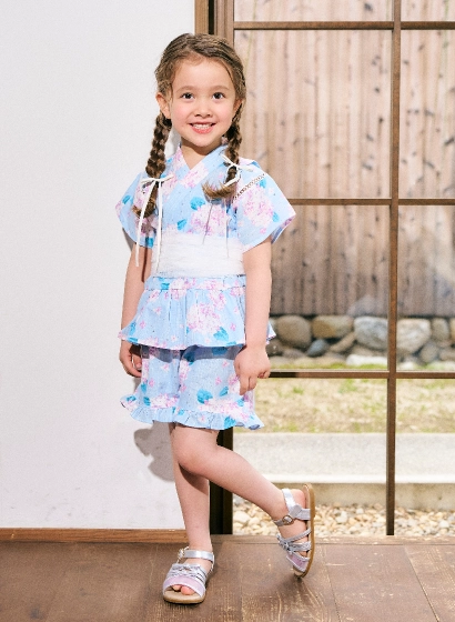 サックスのあじさい柄・女の子用キッズ甚平