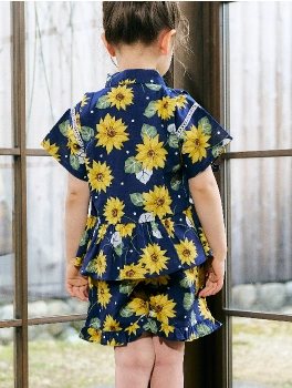 ネイビーのひまわり柄・女の子用キッズ甚平