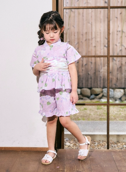 ラベンダーのあじさい柄・女の子用キッズ甚平