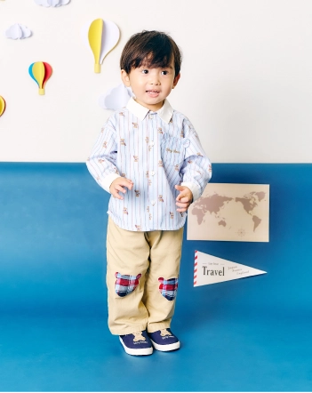 PCだけに表示させる画像 tiny bear ストライプ＆パッチワークシャツを着用した男の子のコーデ画像