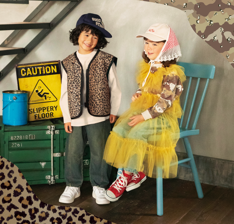 BREEZEのカモフラージュ柄&レオパード柄の子供服着用イメージ